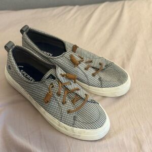 Sperry Gray Plaid Slip-On Boat Sneakers with Tan Accents